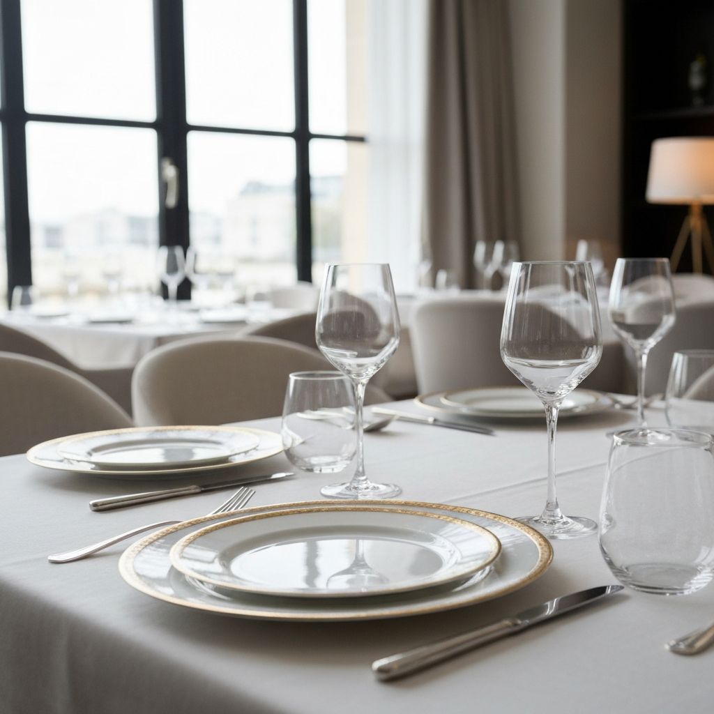Elegant Mikasa dinnerware table setting with premium plates and crystal stemware
